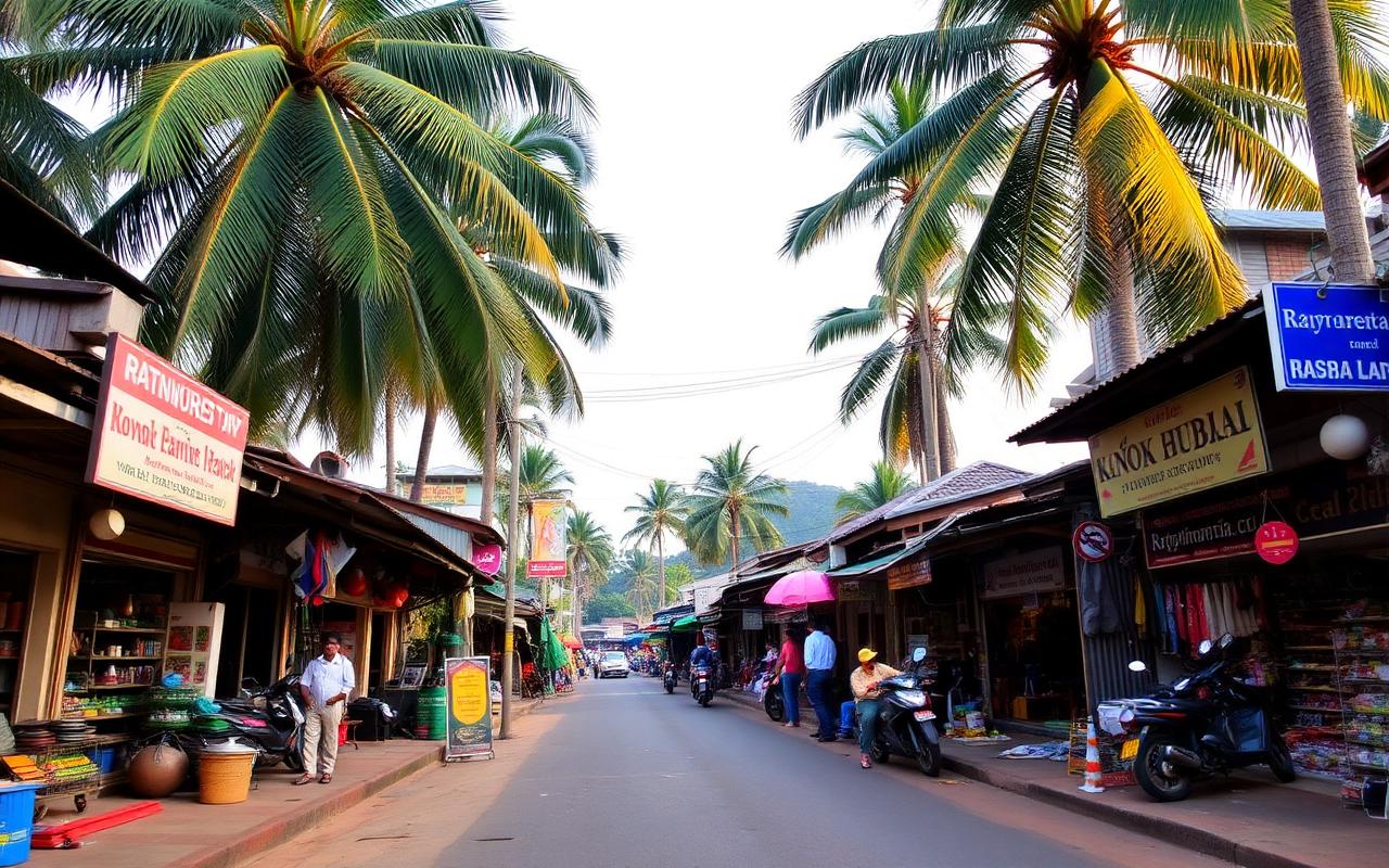 Ratnapura gem city local market street Sri Lanka with traders, small shopfronts, palm trees and low-rise buildings in warm afternoon light