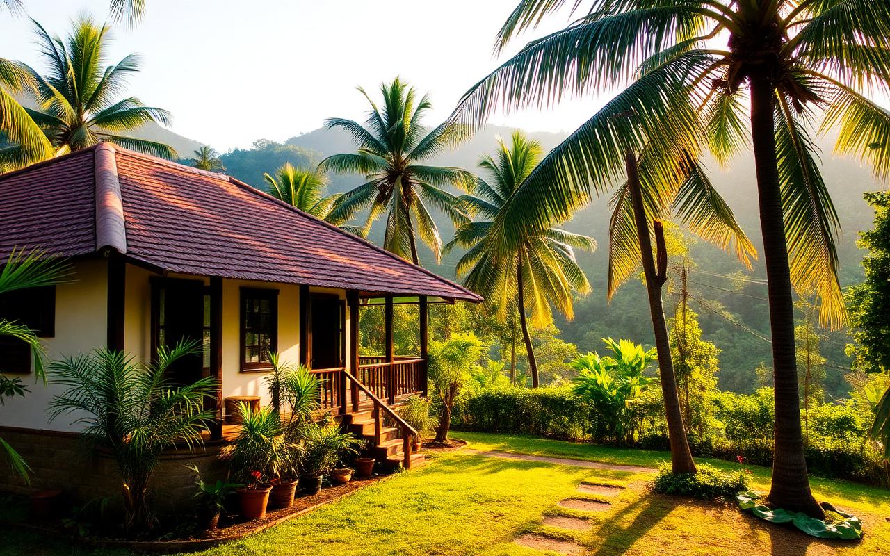 Local guesthouse in Ratnapura Sri Lanka simple inland tropical architecture with garden, palm trees and lush green hills behind in warm afternoon light