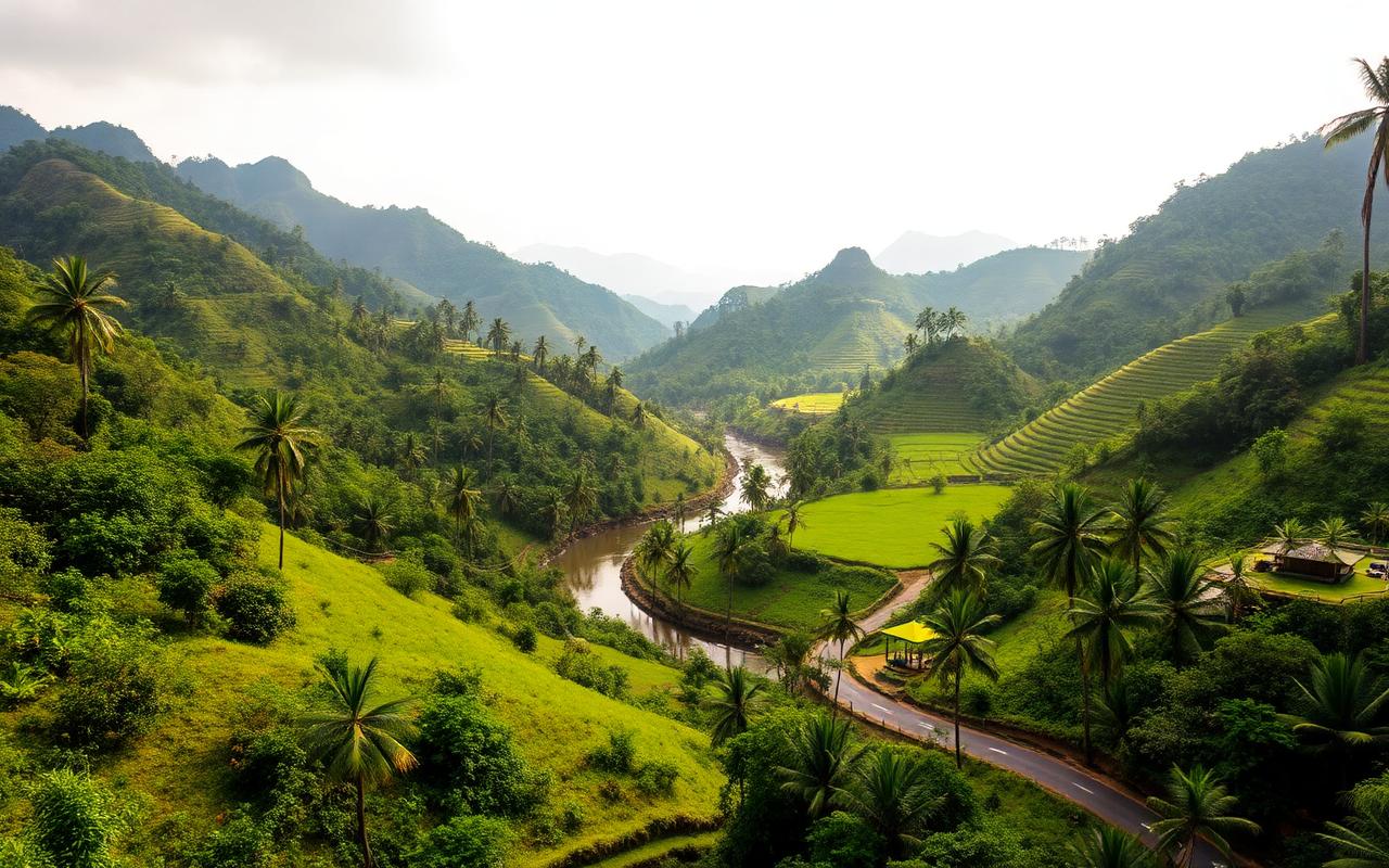Lush green river valley near Kuruwita and Ratnapura Sri Lanka with rolling tropical hills, paddy fields, coconut palms and a small road winding through