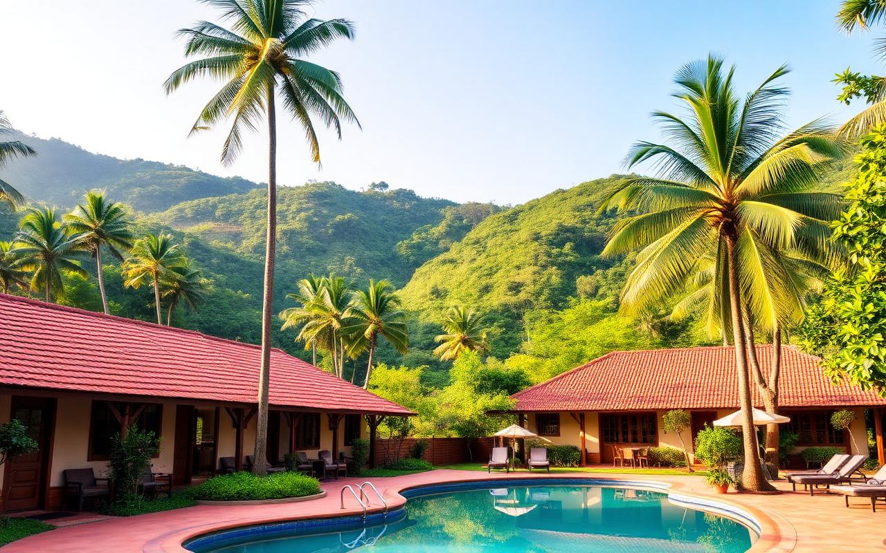 Small inland resort reference near Ratnapura Sri Lanka with terracotta-roof low-rise architecture, pool and lush green hills