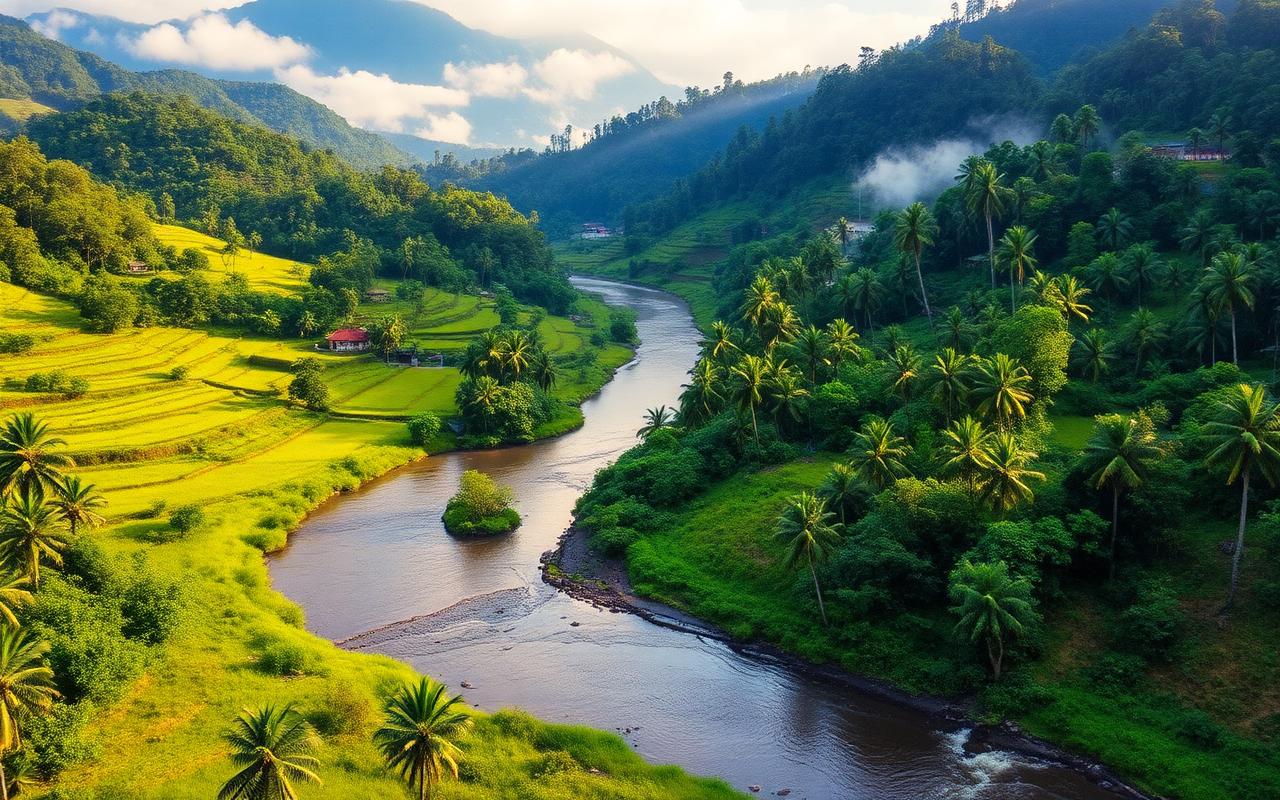 Kalu Ganga river valley near Ratnapura Sri Lanka with green hills, paddy fields and coconut palms