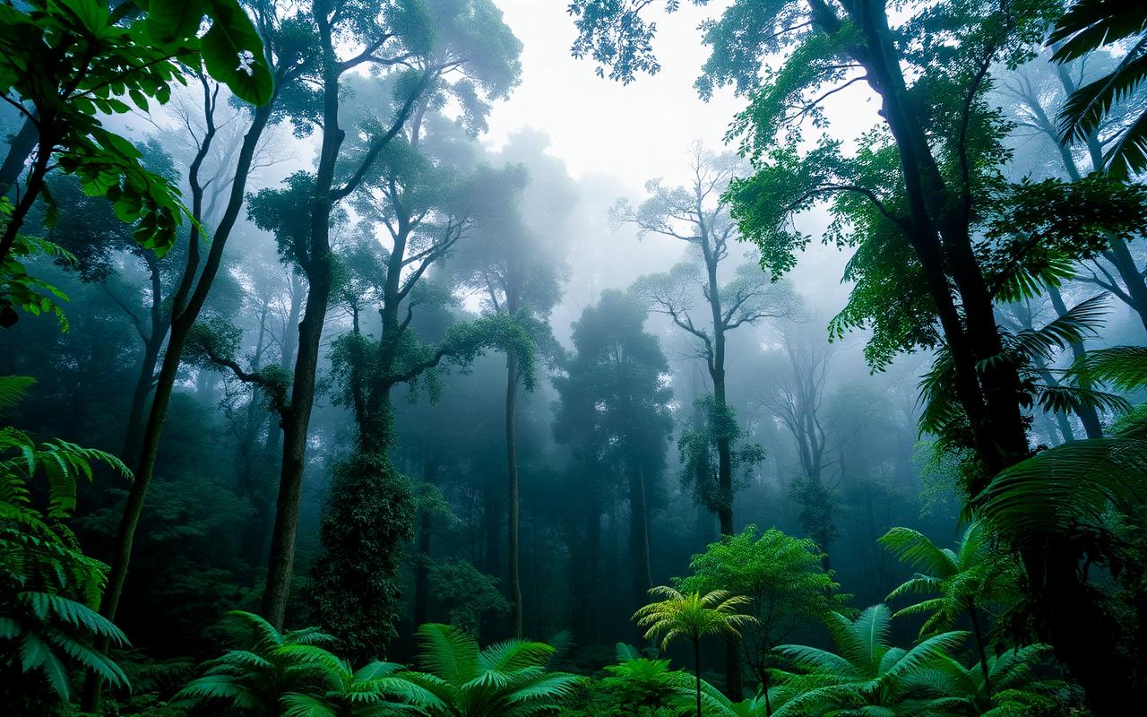Sinharaja rainforest edge near Kalawana Sri Lanka with dense tropical rainforest canopy, tall trees, ferns and soft diffuse daylight