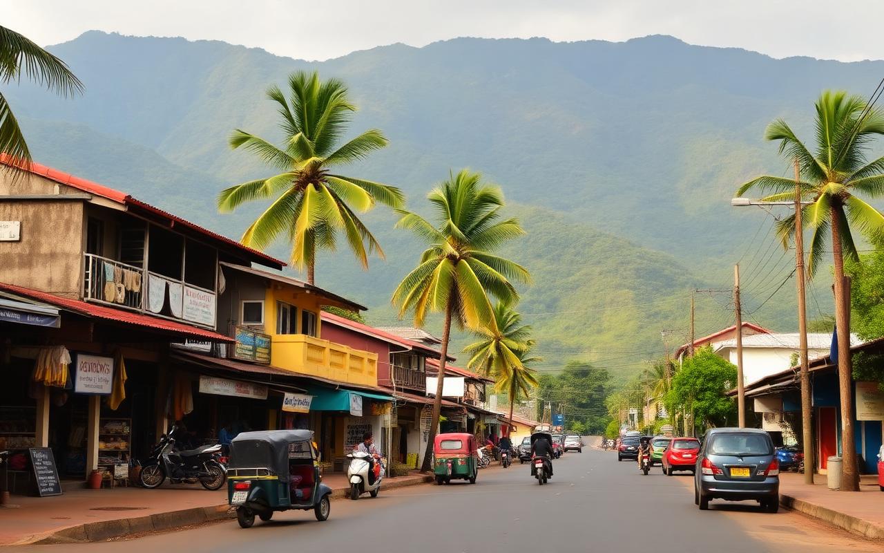 Ratnapura town centre Sri Lanka inland street with small local shops, tuk-tuks, palm trees and warm afternoon light with green hills behind