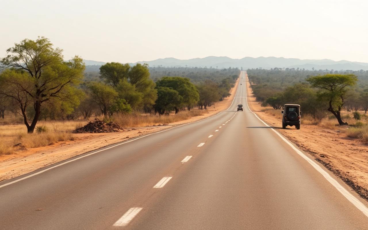 Inland Sri Lankan road heading toward Embilipitiya and Udawalawe with dry-zone savanna, scattered trees, distant low hills and warm afternoon light