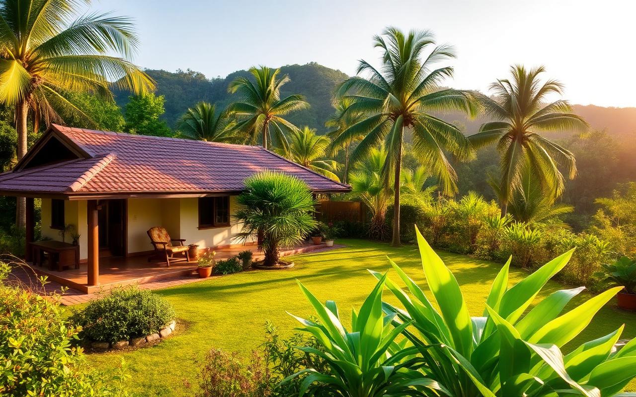 Small private villa reference in the Ratnapura area Sri Lanka with garden, palm trees and lush green hills