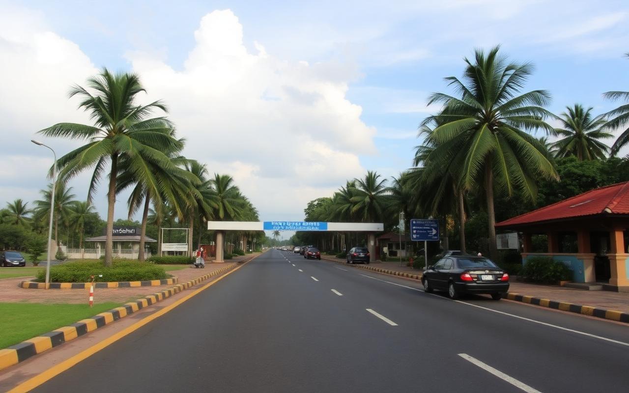 Airport access road between Seeduwa and Katunayake Sri Lanka with palm trees, hotels and travelers with suitcases