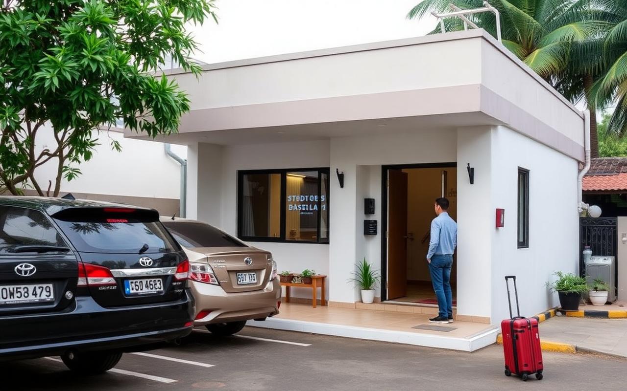 Small business hotel near Seeduwa Sri Lanka with parking, modest facade and a traveler with a suitcase at the entrance