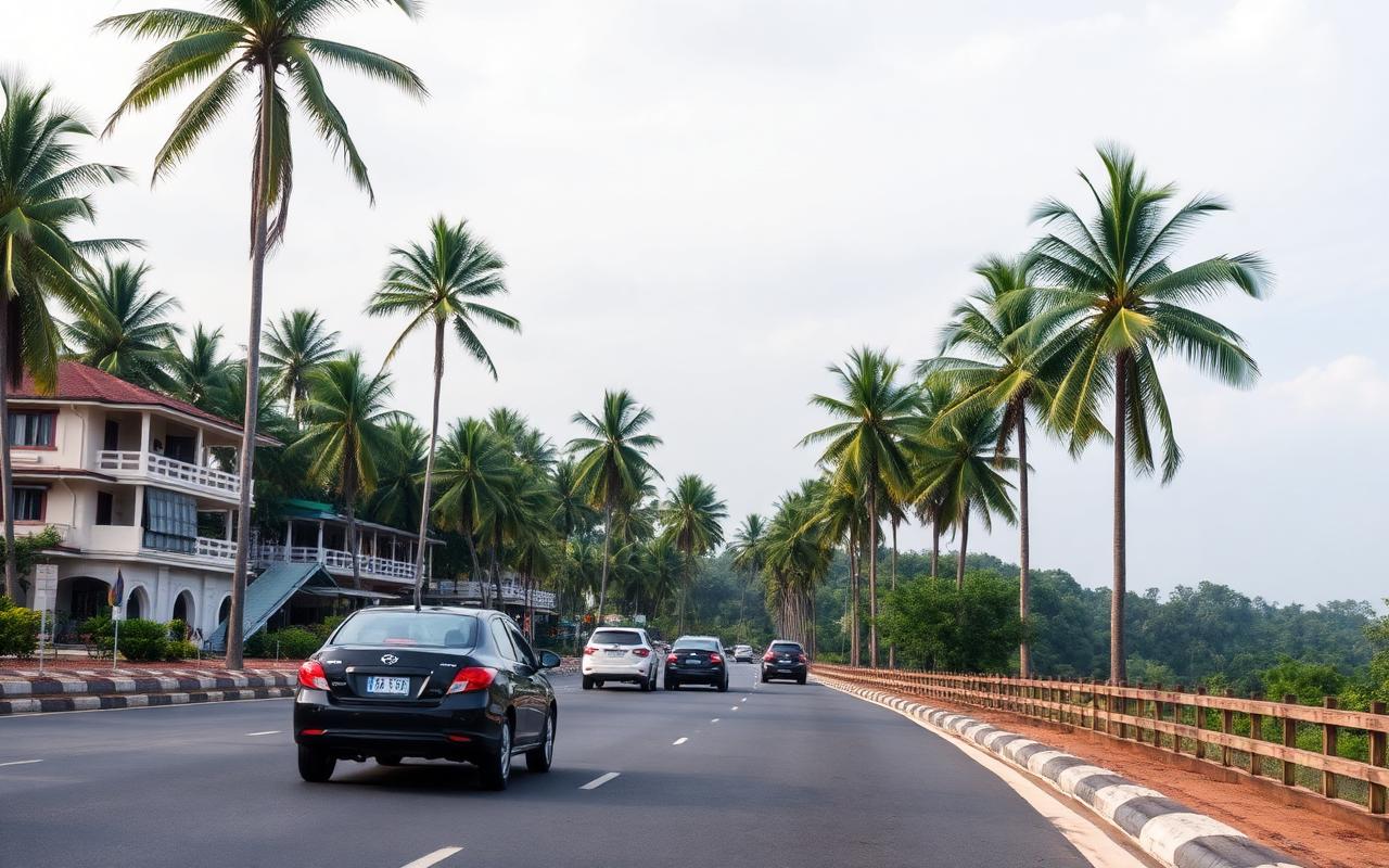 Colombo road near Seeduwa Sri Lanka with palm trees, roadside hotels and cars heading toward Colombo