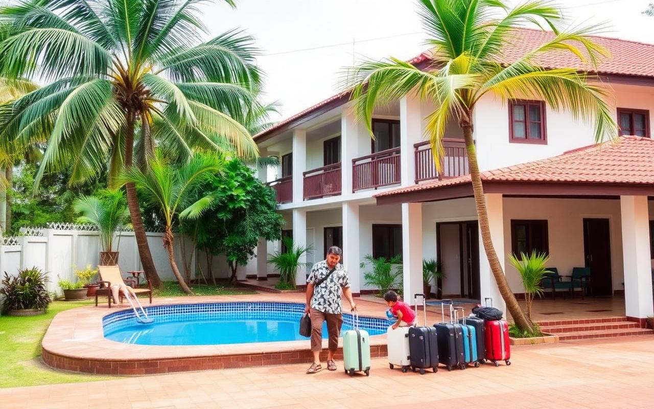 Family-friendly airport stopover hotel near Seeduwa Sri Lanka with small pool, palm trees and parents with kids and luggage