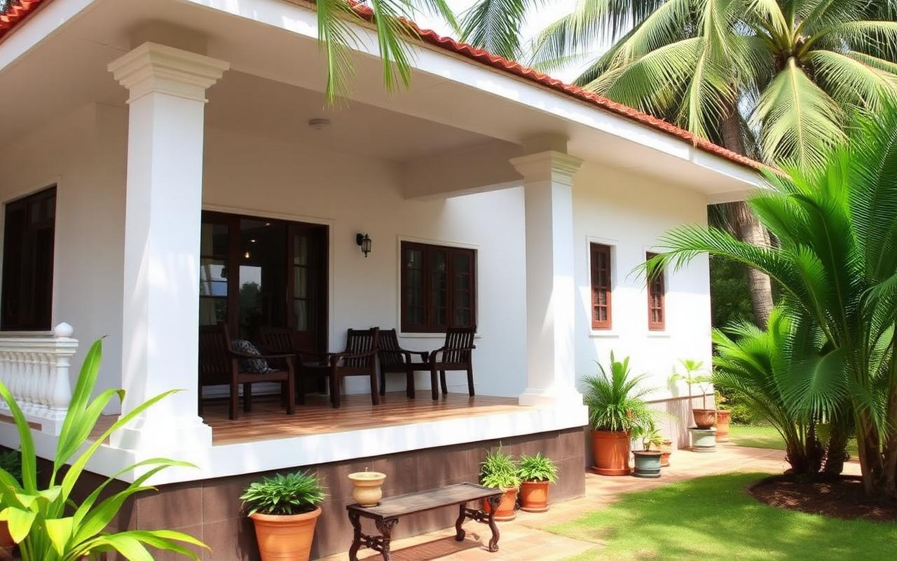 Simple family-run guesthouse in Seeduwa Sri Lanka with white facade, veranda, palm trees and tropical garden
