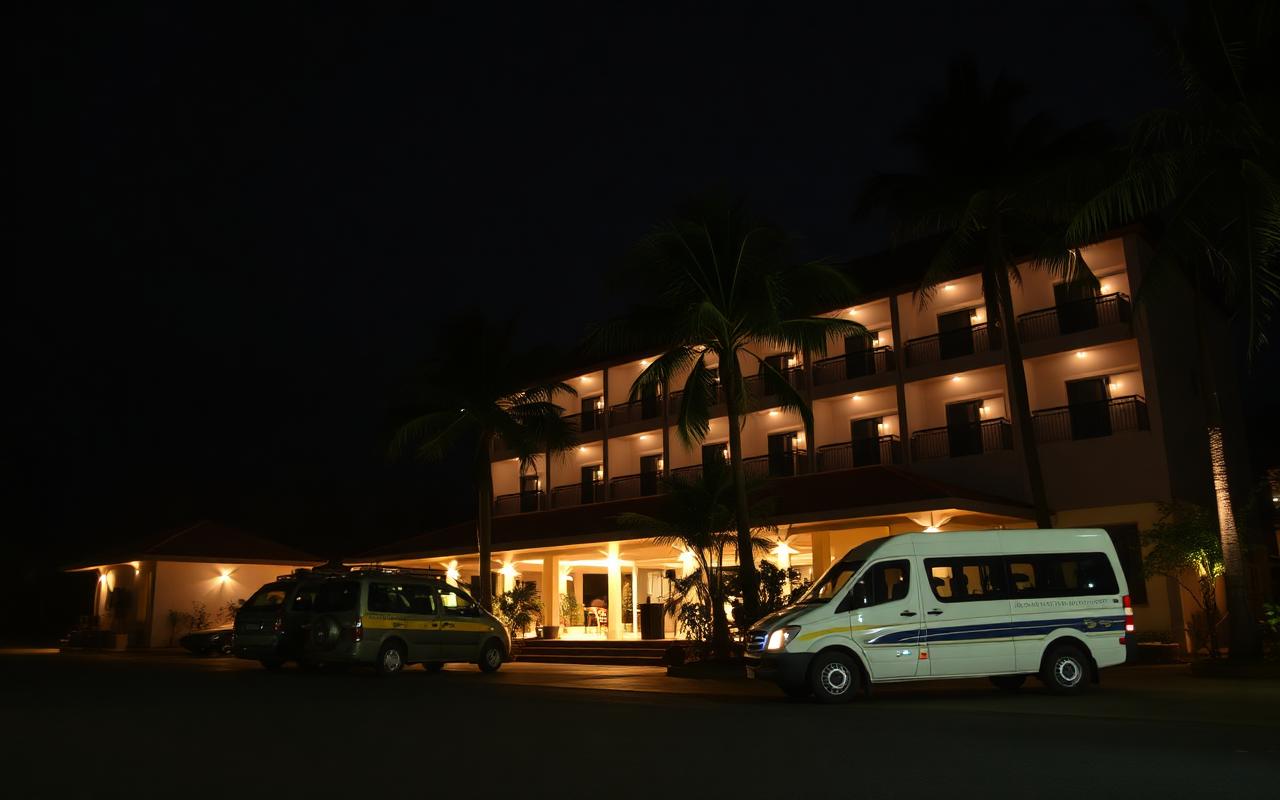 Airport-area hotel near Seeduwa Sri Lanka at night with warm lights, palm trees and a shuttle van waiting at the entrance
