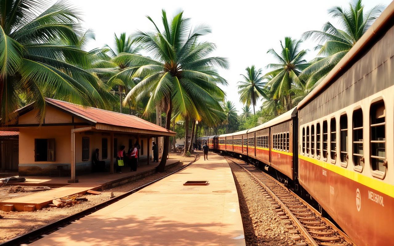 Seeduwa railway station in Sri Lanka with a coastal-line train, palm trees and passengers with luggage