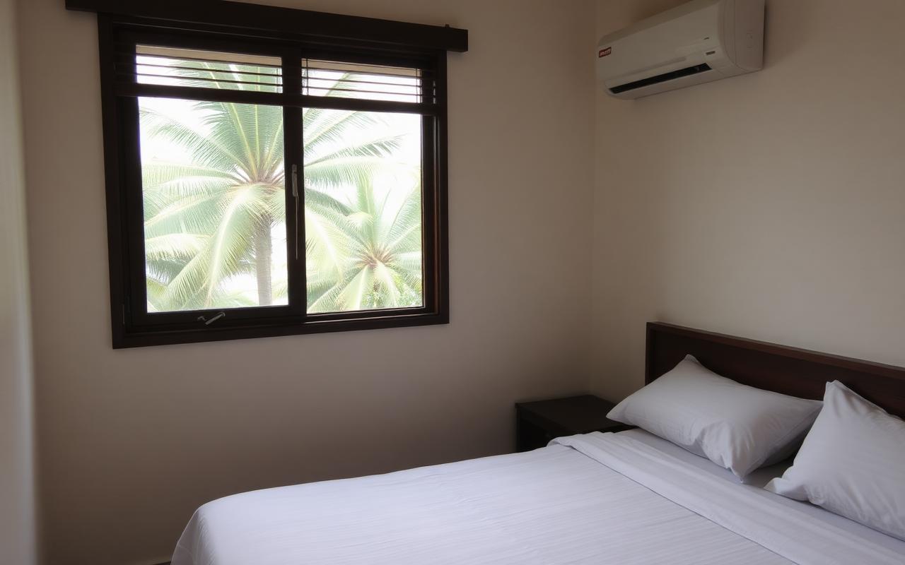 Clean simple hotel room near Seeduwa Sri Lanka with white sheets, AC unit and window opening to palm trees