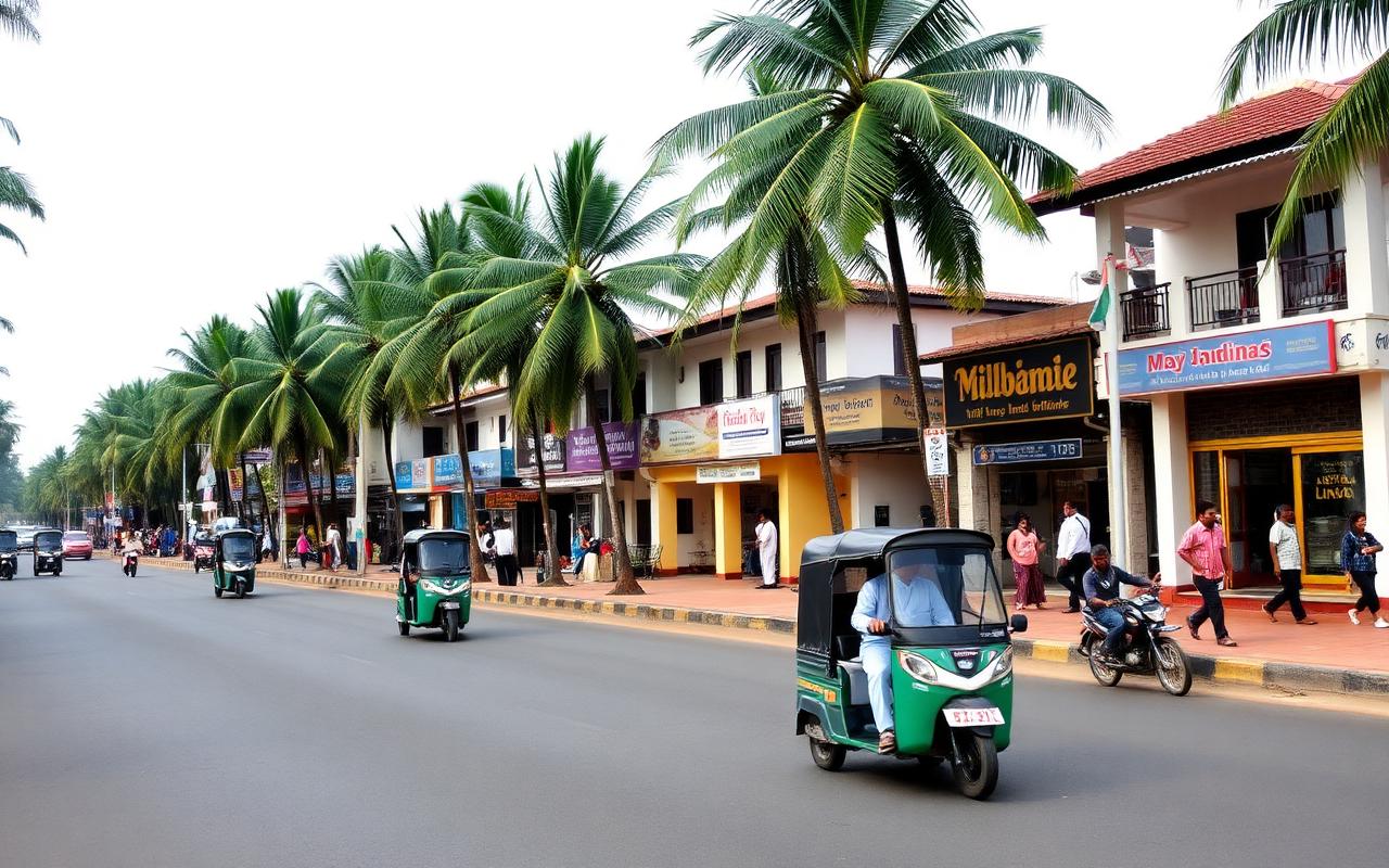 Seeduwa town main road in Sri Lanka with shops, tuk-tuks, small hotels and palm trees