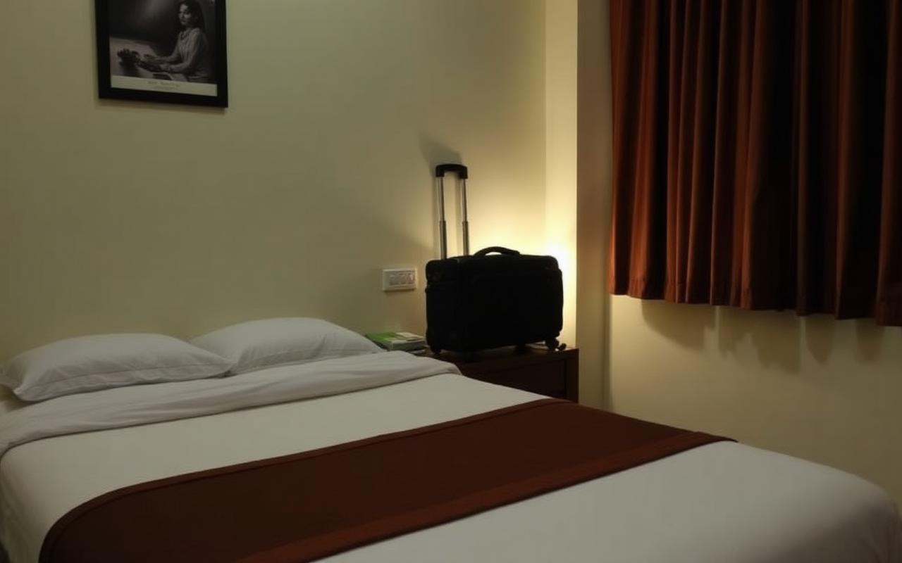 Quiet transit hotel room near Seeduwa Sri Lanka at night with neatly made bed, suitcase and soft lamp light