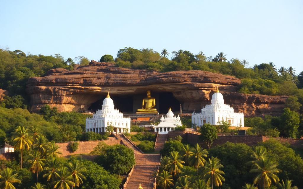 Dambulla Cave Temple complex in Sri Lanka with a golden Buddha statue and white temple buildings on a hillside surrounded by trees