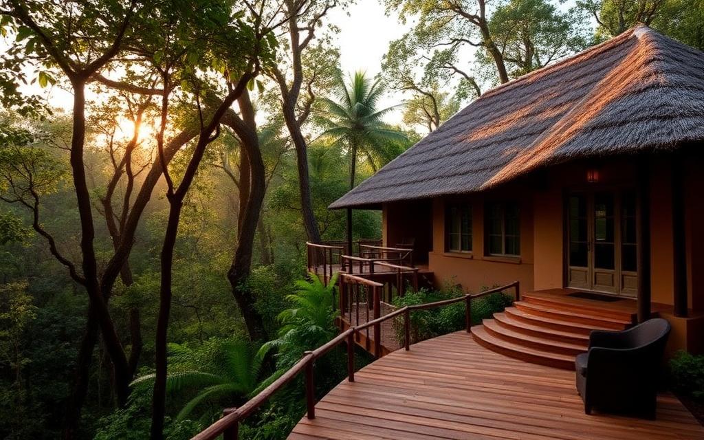 Eco-luxury lodge near Sigiriya Sri Lanka with thatched roof and wooden walkway set in dense forest at soft dawn light