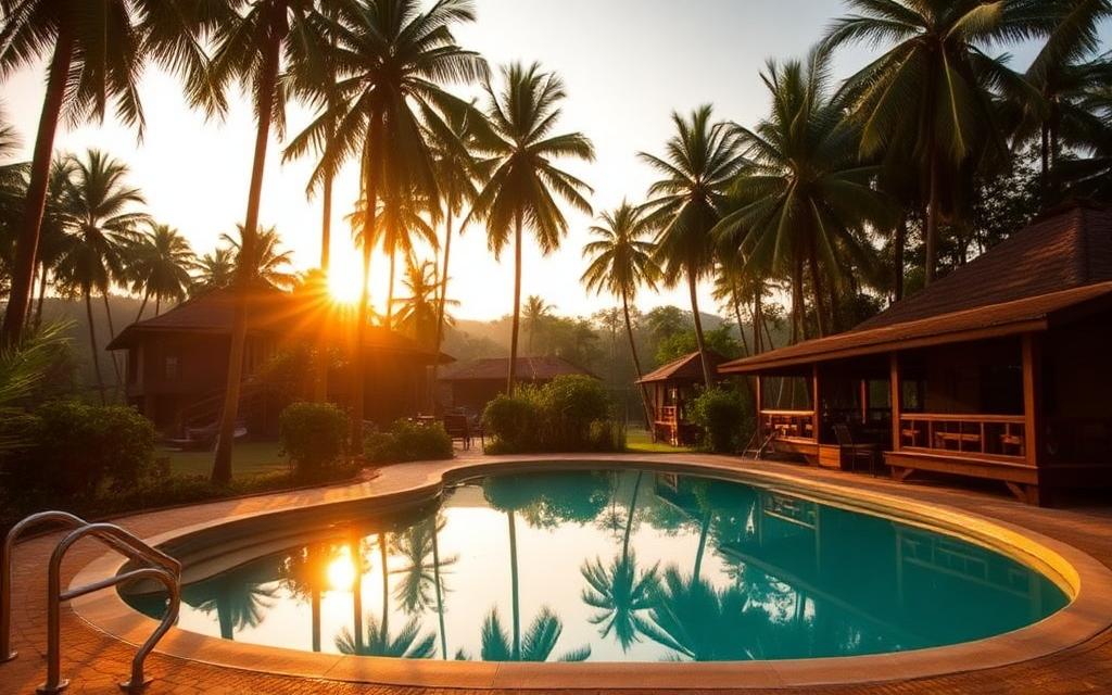 Habarana resort area in Sri Lanka with a low-rise lodge, swimming pool and tall coconut palms surrounded by dry-zone forest at golden hour