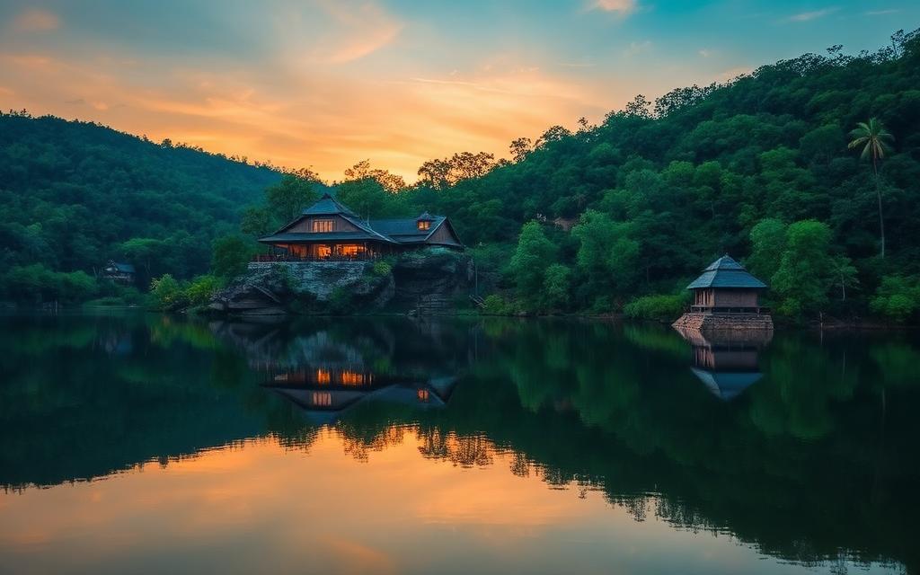 Kandalama lake in Sri Lanka at sunset with a luxury hotel built into the cliffside reflected in calm water surrounded by jungle