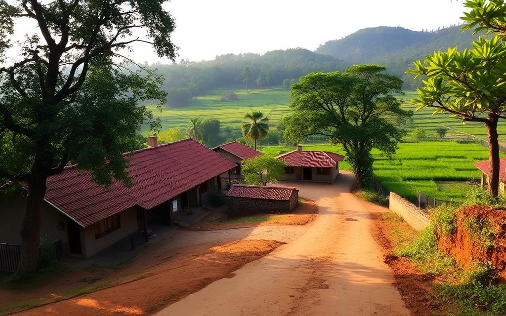 Quiet rural Kimbissa village near Sigiriya Sri Lanka with red-tiled guesthouses, dirt road and green rice paddies in warm light