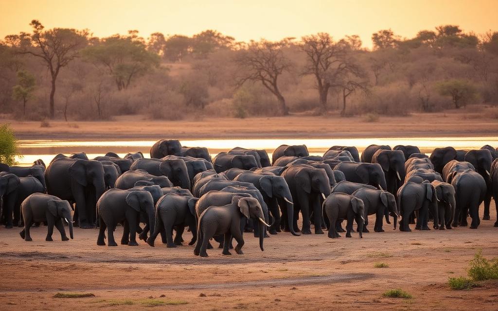Wild elephant herd at Minneriya National Park lake in Sri Lanka at golden hour, classic safari scene in dry-zone landscape