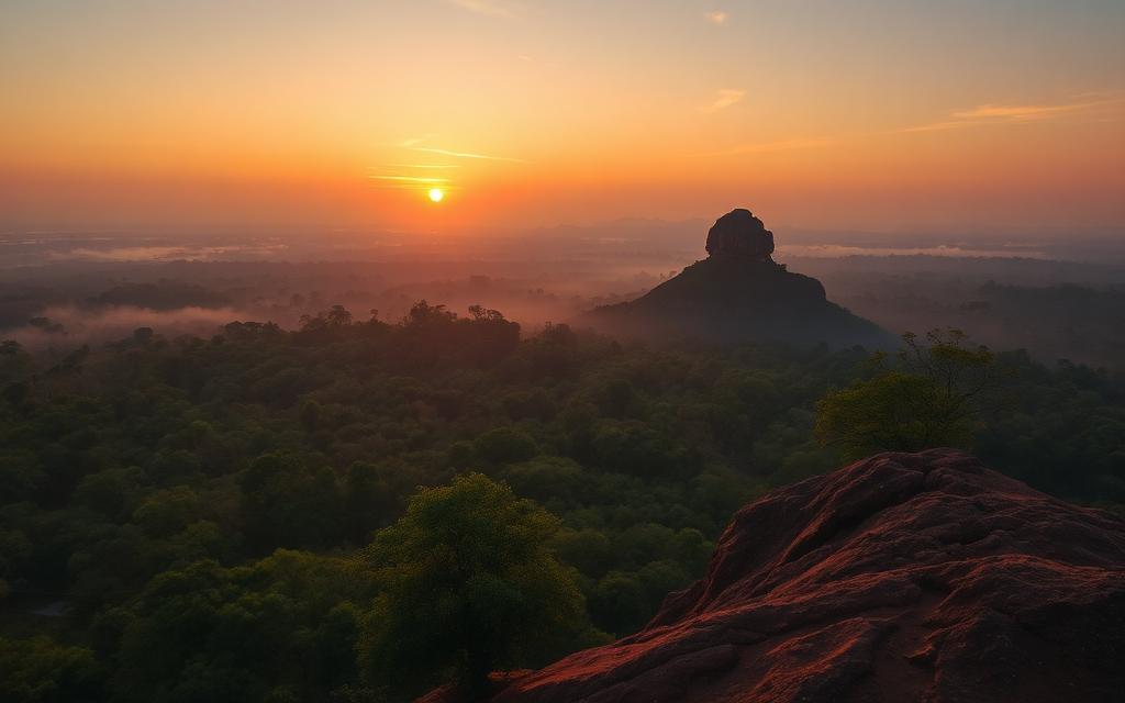 Sunrise view from Pidurangala Rock looking across misty jungle toward Sigiriya Lion Rock in soft pink and gold dawn light