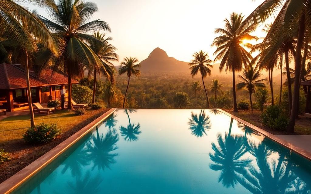 Resort swimming pool near Sigiriya Sri Lanka with palm trees and distant rocky outcrop in warm tropical golden hour light