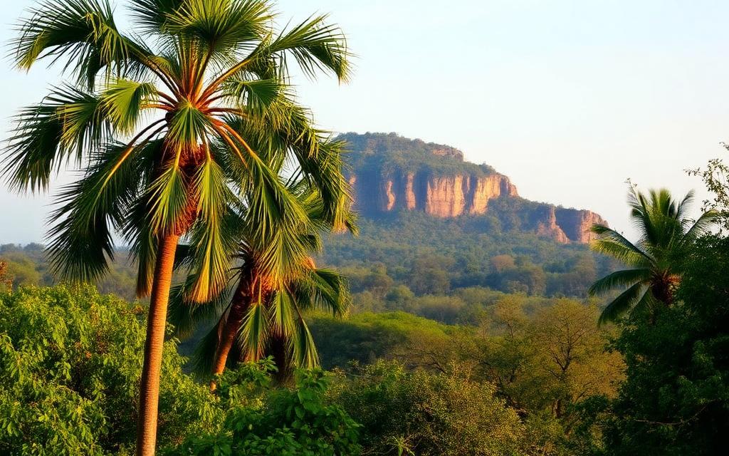 Sigiriya Lion Rock fortress in Sri Lanka rising above the jungle, viewed from a nearby hotel area framed by tall palms