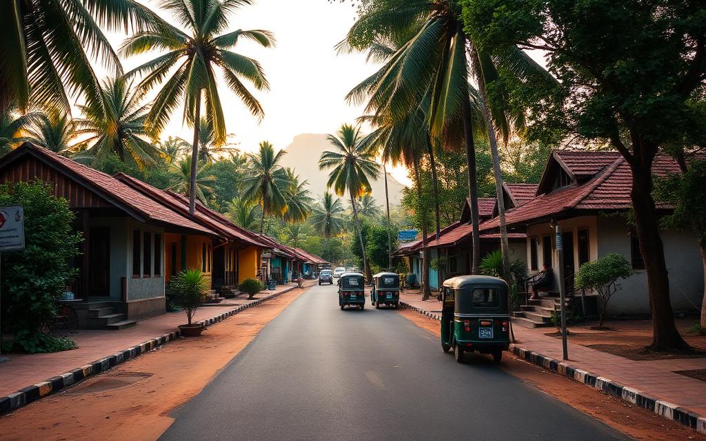 Quiet Sigiriya village street in Sri Lanka with small local guesthouses, tuk-tuks and palm trees in warm afternoon light