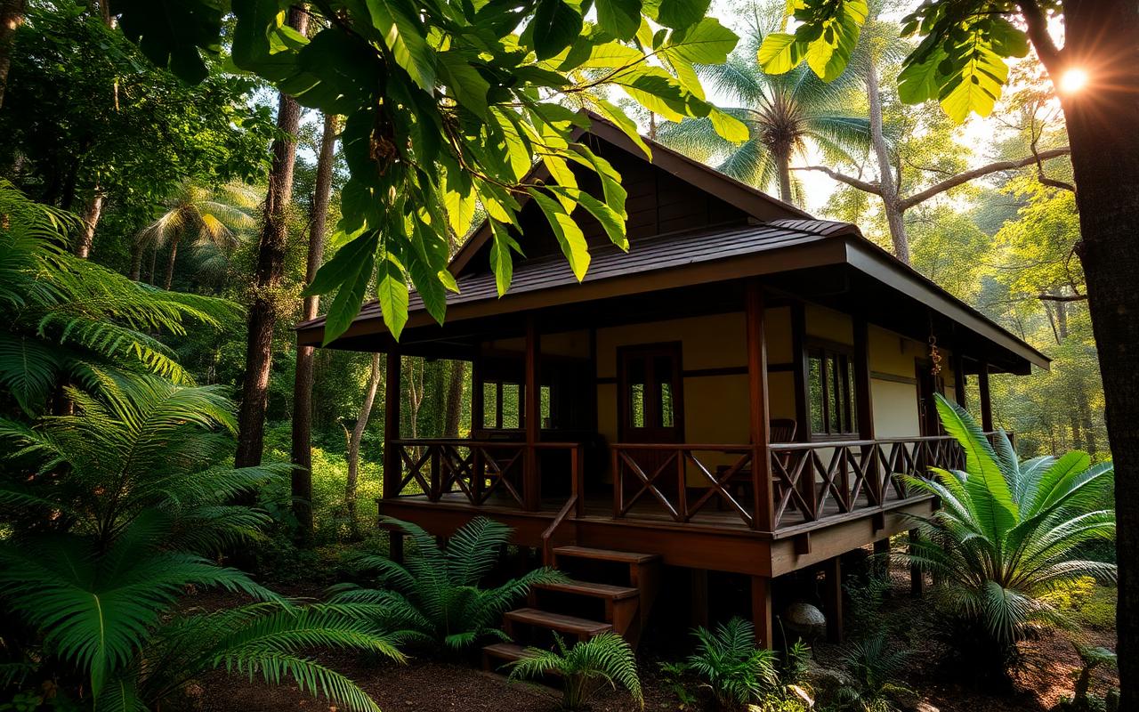Rainforest holiday bungalow near Sinharaja Sri Lanka with tropical wooden architecture, veranda and lush green forest surroundings