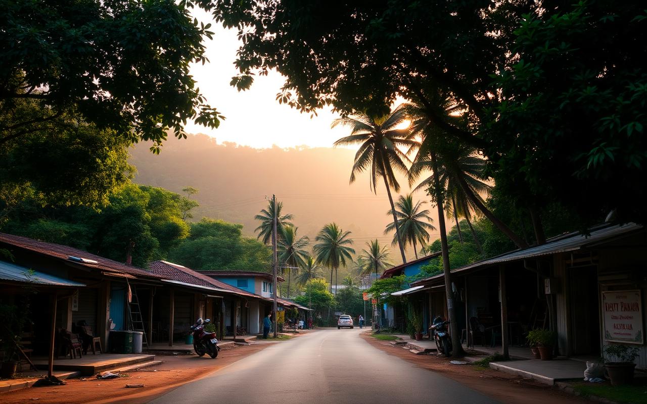 Small village street in Deniyaya Sri Lanka near the Sinharaja rainforest with palm trees and lush green hills in warm afternoon light