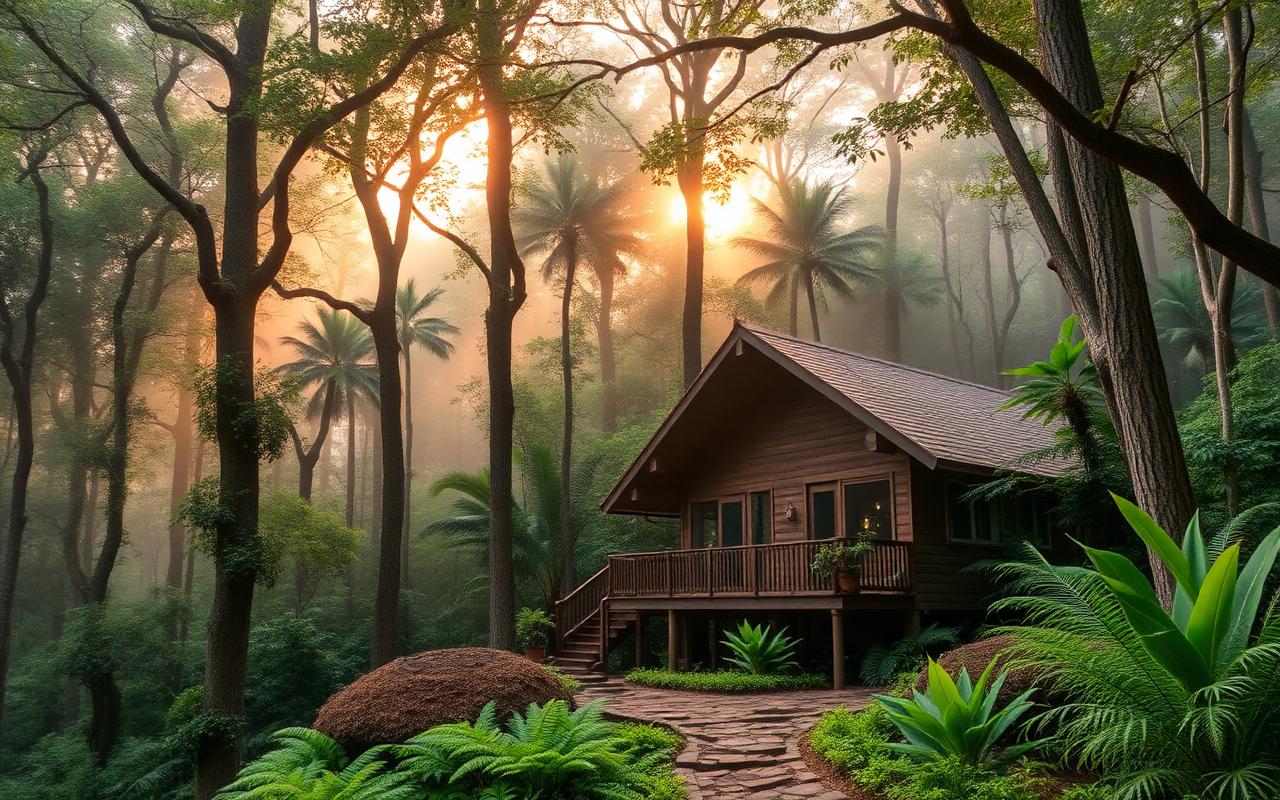 Forest-edge eco lodge near Sinharaja rainforest Sri Lanka with low-rise wooden lodge architecture among tall rainforest trees and ferns