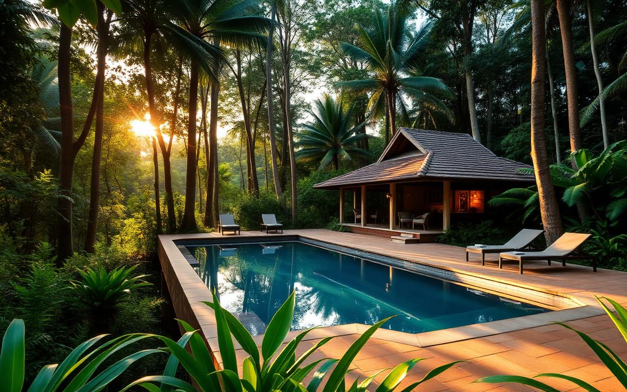 Rainforest villa reference near Sinharaja Sri Lanka with tropical architecture and pool surrounded by tall trees