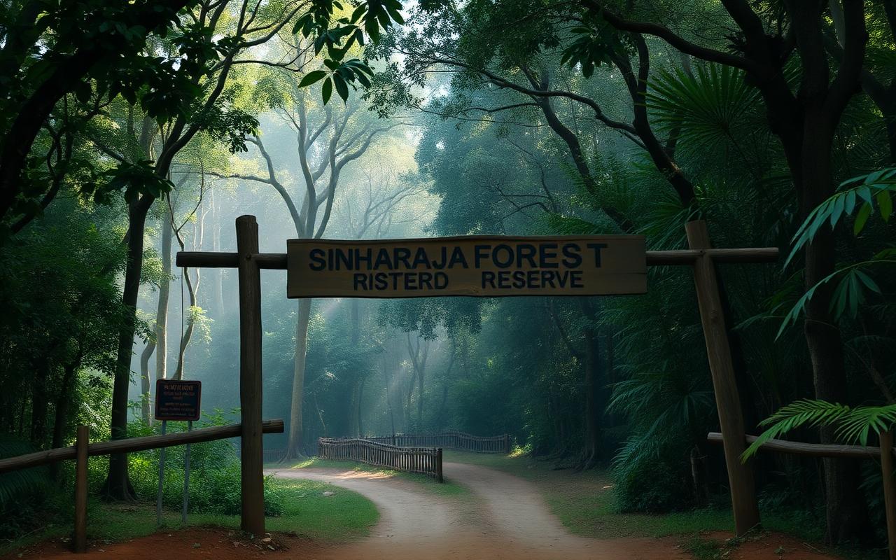 Wooden entrance gate to Sinharaja Forest Reserve Sri Lanka at the edge of dense tropical rainforest with dirt path leading into the trees