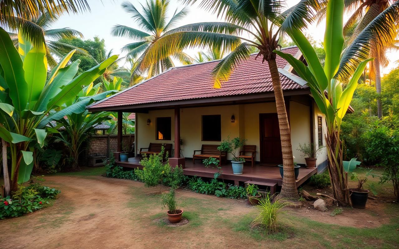 Family-run guesthouse near Sinharaja Sri Lanka with simple tropical architecture, garden and palm trees in warm afternoon light