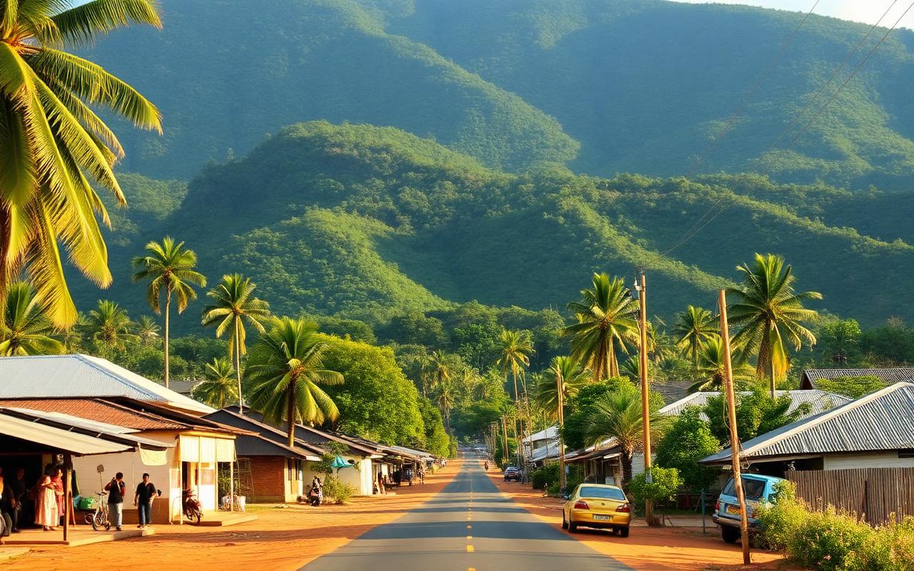 Kalawana-area stay reference near Sinharaja Sri Lanka with small town street, palm trees and forested hills