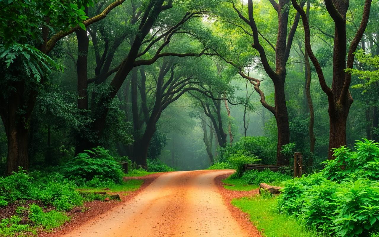 Forest road leading toward Kudawa entrance of Sinharaja Forest Reserve Sri Lanka with dense green canopy and dirt path in soft humid morning light