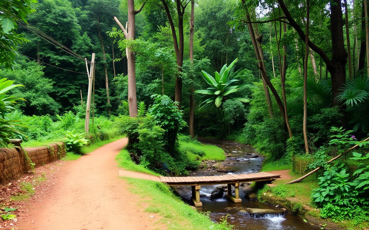 Quiet rural lane near Lankagama Sri Lanka with small wooden bridge over a forest stream and dense greenery