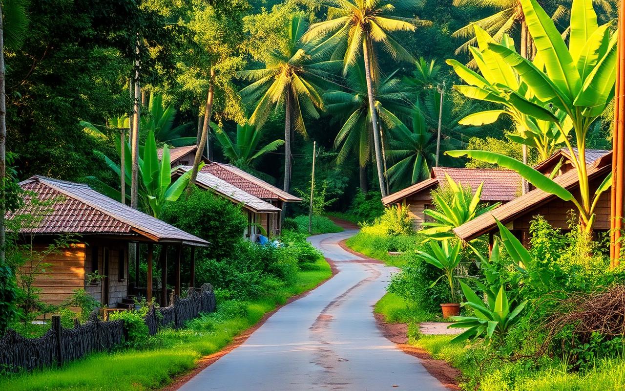 Quiet rural village near Neluwa Sri Lanka with simple wooden houses surrounded by dense rainforest and banana trees