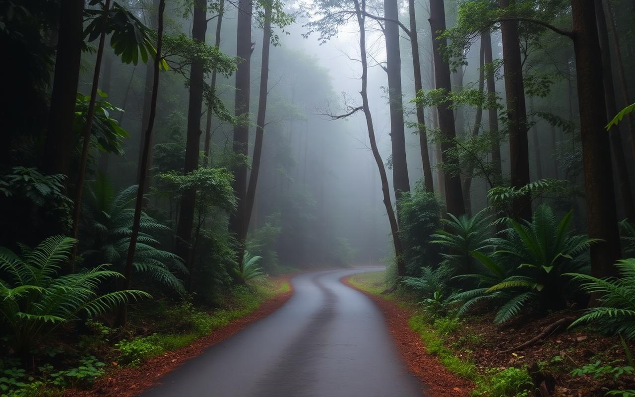 Narrow misty rural road near Pitadeniya Sri Lanka winding through dense rainforest with ferns and tall trees