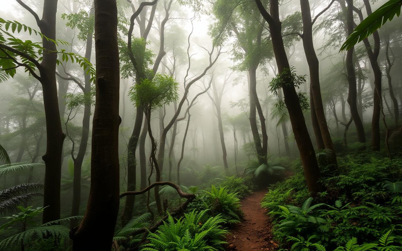 Birdwatching lodge reference near Sinharaja Sri Lanka with misty rainforest path and tall trees