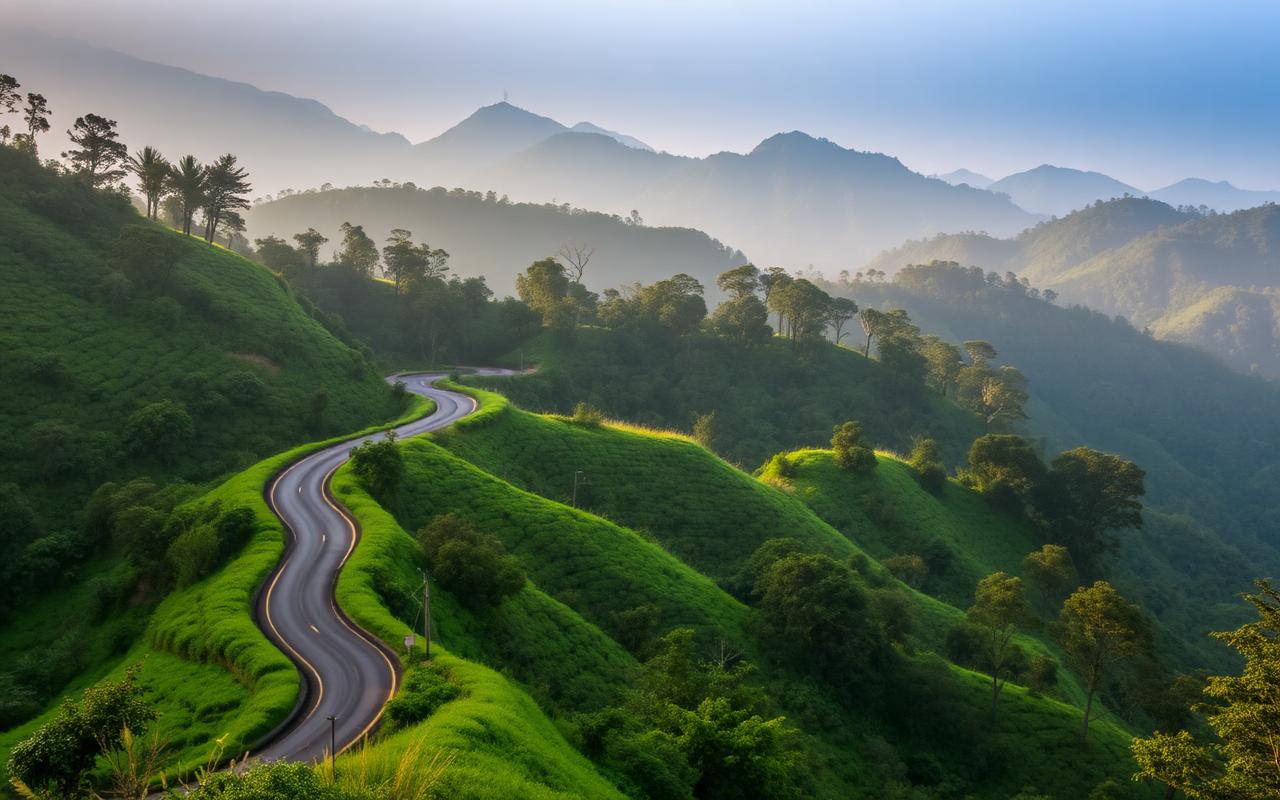 Scenic mountain road through Rakwana Sri Lanka winding through tea estates and forested hills with distant misty mountains