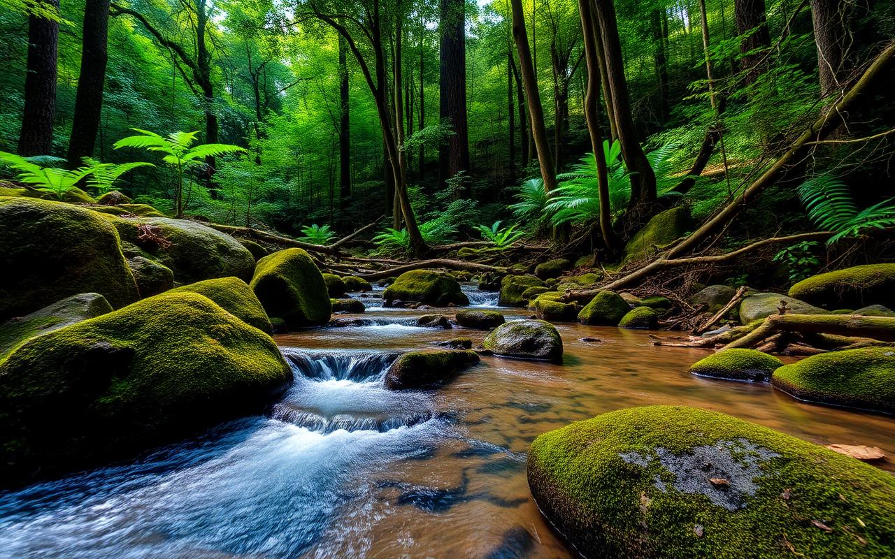 Adventure camp reference near Sinharaja Sri Lanka with forest stream, mossy rocks and dense rainforest canopy