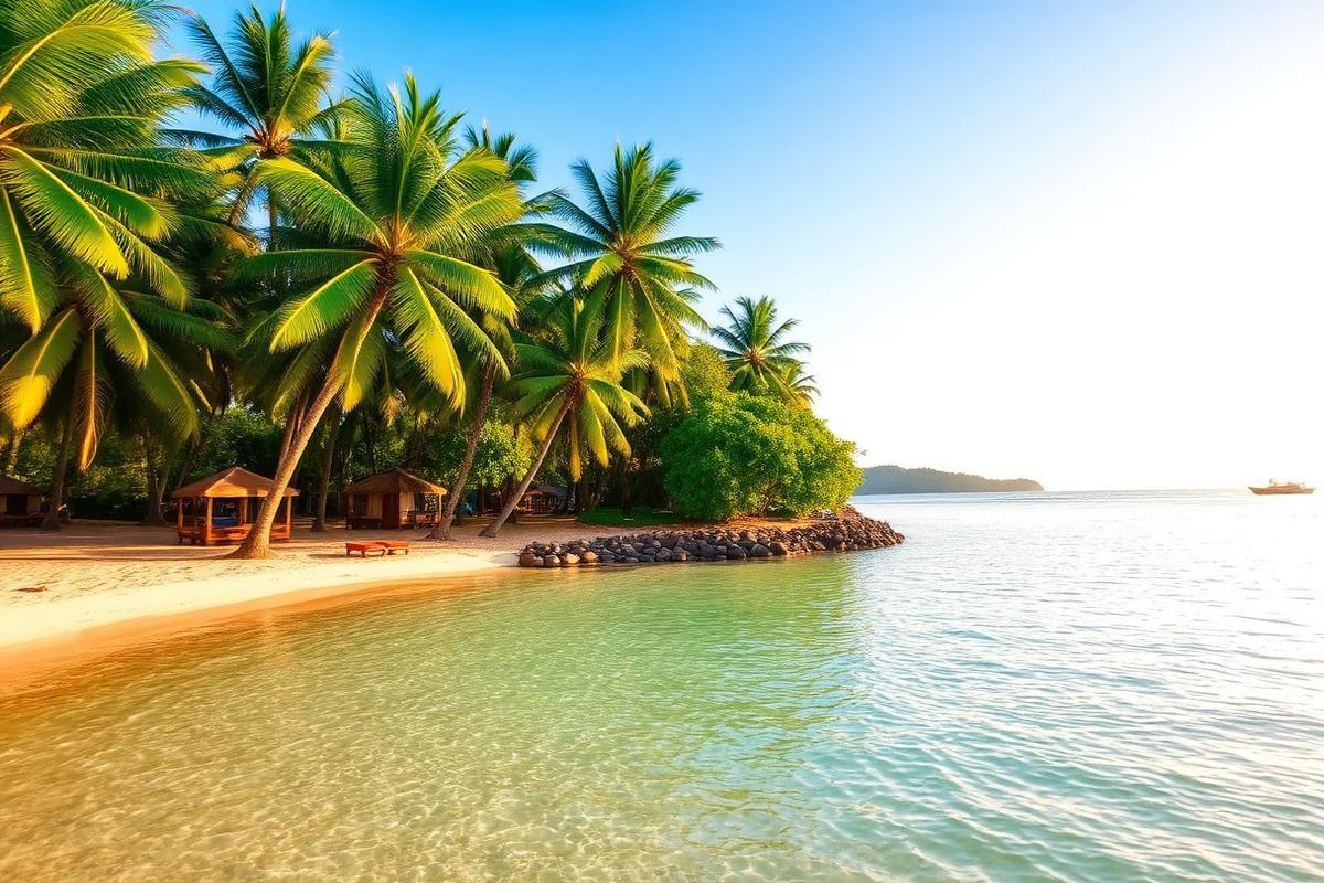 Goyambokka Beach Tangalle Sri Lanka small scenic cove with palm trees, calm turquoise water and boutique cabanas behind palms in golden afternoon light