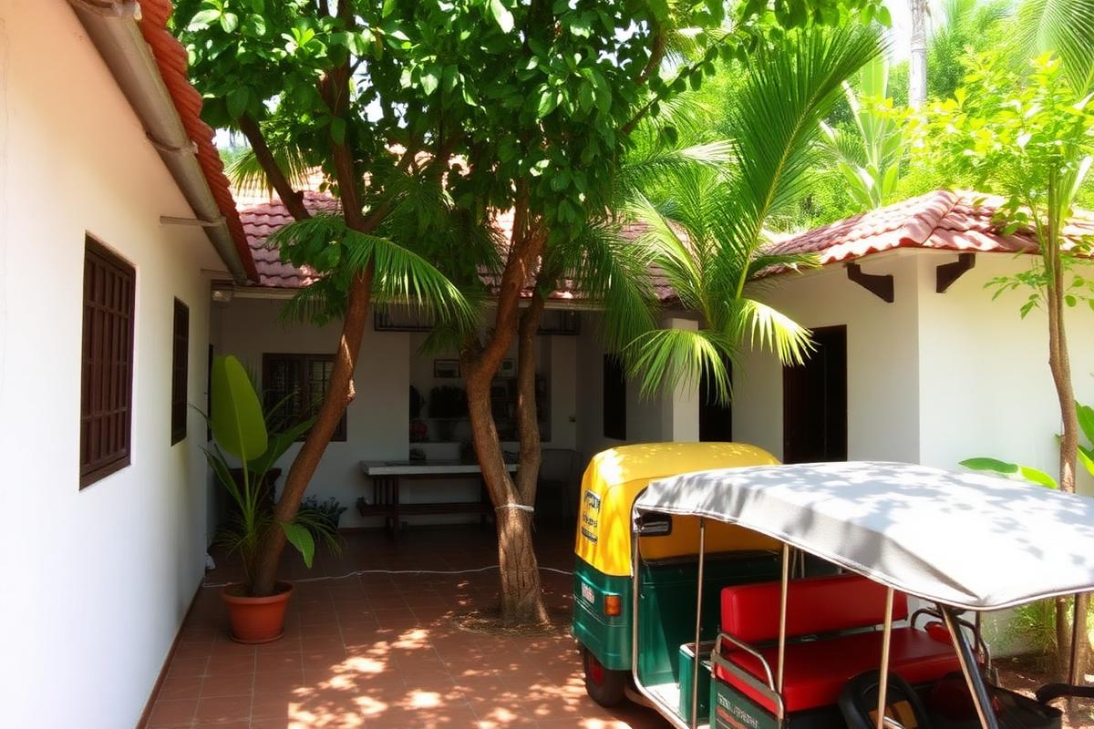 Family-run guesthouse in Tangalle Sri Lanka with whitewashed walls, terracotta roof, leafy garden with palm trees and parked tuk-tuk in casual local atmosphere