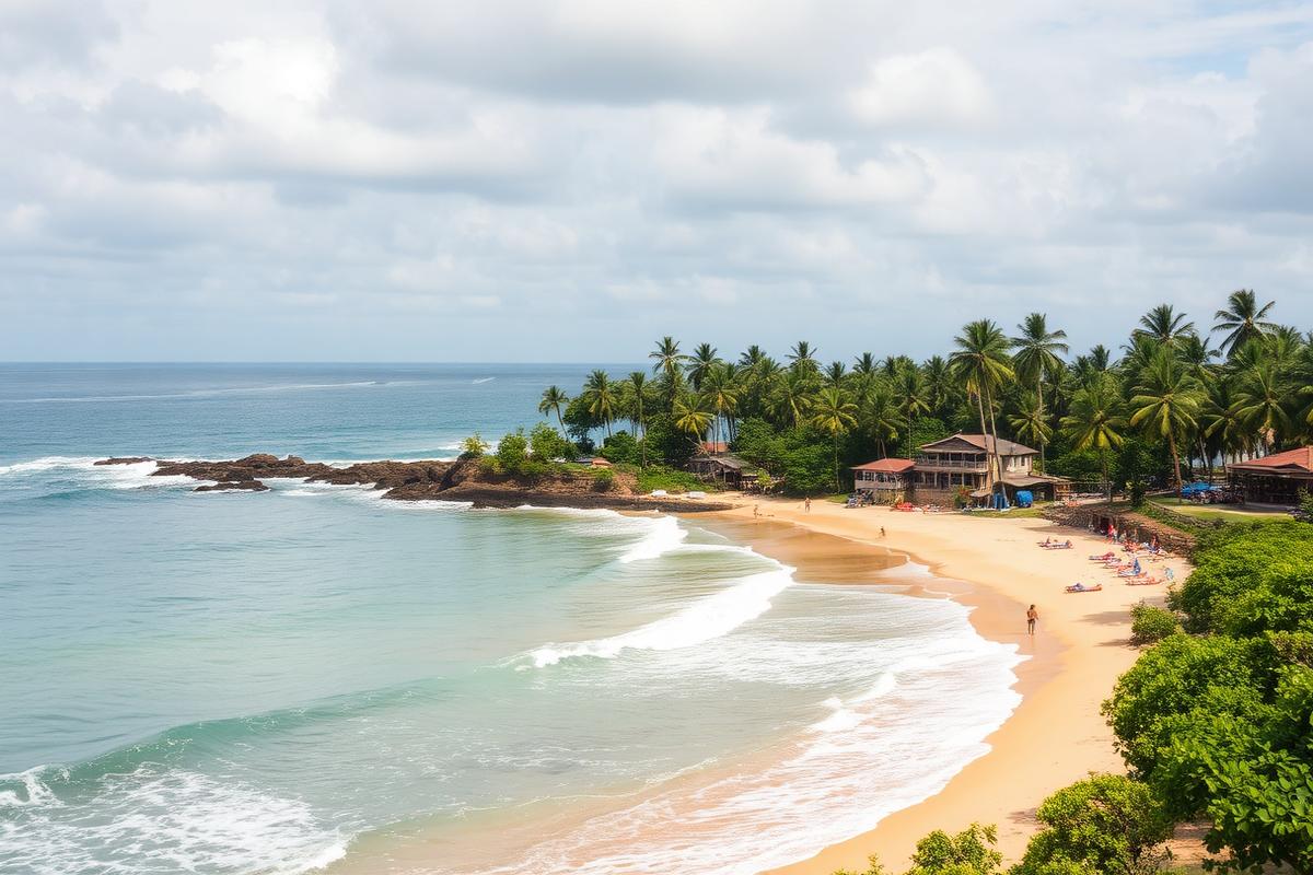 Hiriketiya bay Sri Lanka small horseshoe-shaped surf beach with palm trees, surfers, cafes and trendy south coast atmosphere in golden light