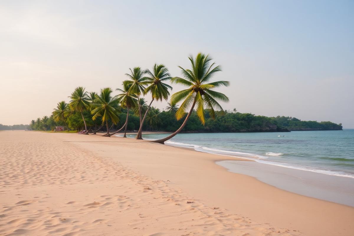 Marakolliya Beach Tangalle Sri Lanka long quiet sandy beach with palm trees, lagoon nearby and peaceful nature atmosphere in soft daylight