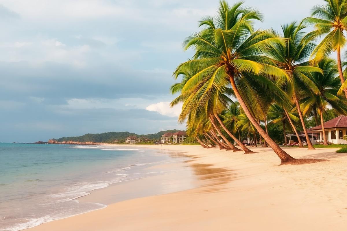 Mawella Beach Tangalle Sri Lanka long quiet south coast beach with palm trees, boutique villas behind palms and calm turquoise water in golden light