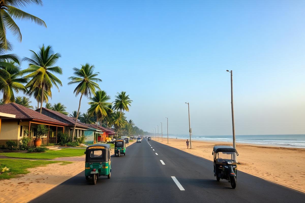 Medaketiya beach road Tangalle Sri Lanka with small guesthouses, palm trees, casual budget beach atmosphere and tuk-tuks in afternoon light