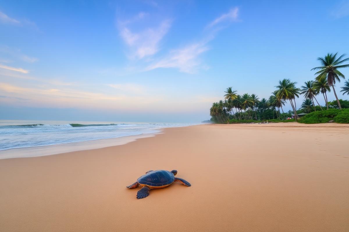 Rekawa beach Sri Lanka turtle nesting beach at dusk with empty wide sand, palm trees in distance and remote nature atmosphere